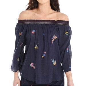 Sundry Embroidered Floral Off The Shoulder Dark Blue Top In Size 0